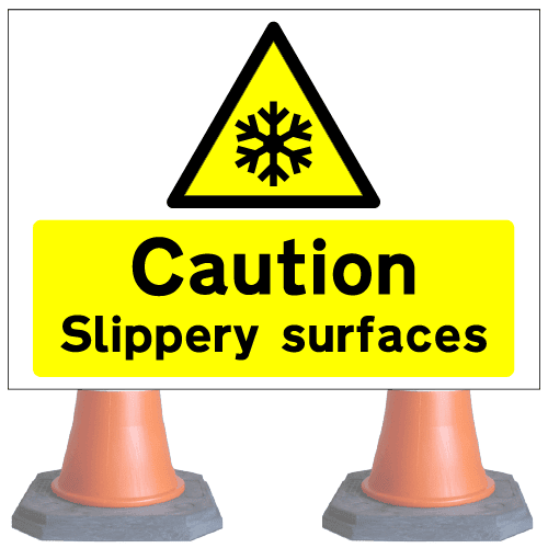 Caution-slippery-surface-cns75v4-2cone-sign-med – Safety Sign Warehouse