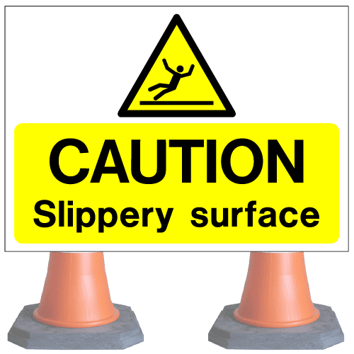 Caution-slippery-surface-cns84v4-2cone-sign-med – Safety Sign Warehouse