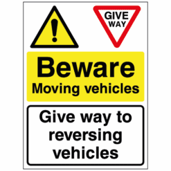 Beware moving vehicles Give way to reversing vehicles sign - Ref: tr14