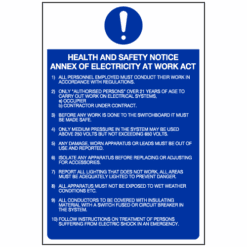Health and safety notice annex of electricity at work act sign - Ref: ms218
