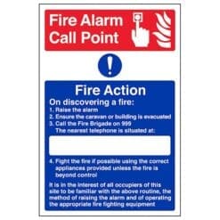 Caravan Site Fire Point - Fire Action - On Discovering A Fire sign - Ref: fan8