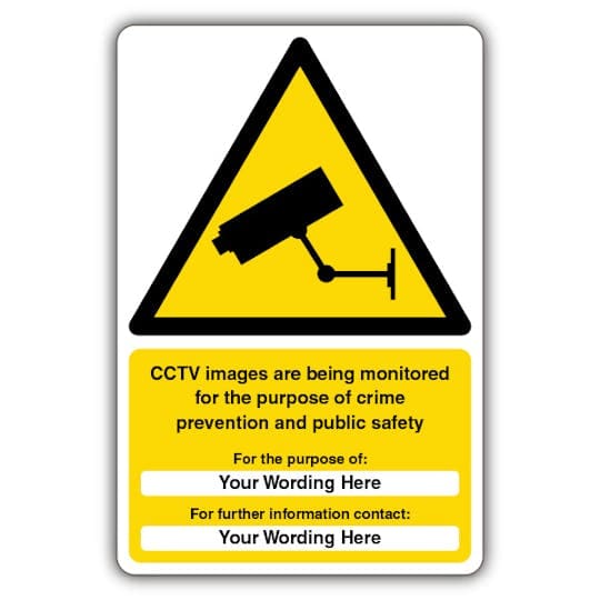 7gdpr cctv6 – Safety Sign Warehouse Warning sign with CCTV camera graphic; text states images are monitored for crime prevention and public safety, with contact lines.